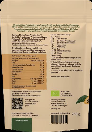 Valeurs nutritives et ingrédients Mrs Flury Kakao Protein (Cacao, 1 pcs, 250 g)