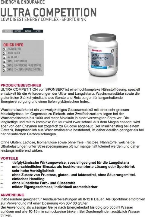 Valeurs nutritives et ingrédients Sponser l'ultra-concurrence (Neutre, 1 pcs, 1000 g)