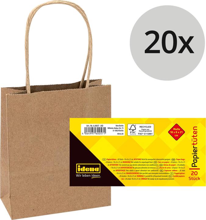 Actual product image Idena 60057 - Paper bags, 20 pieces, 18 x 8 x 21 cm, gift bags, kraft paper bags, craft bags z (Wrapping paper, 20 x)