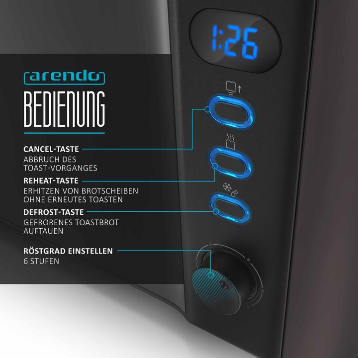 Actual product image Arendo Toaster stainless steel 2 slices long slot, bun warmer, display with remaining time indicator