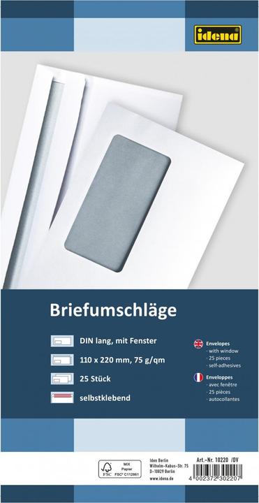 Produktbild Idena BU DL weiss 75g 25er sk m.F. FSC-Mix (DIN lang (11 x 22 cm), 25 x)