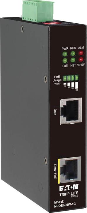 Actual product image Eaton Industrial Gigabit Ethernet PoE injector 90W PoE++ 802.3bt Midspan -40 to +75 DIN ra (UPOE, 90 W)