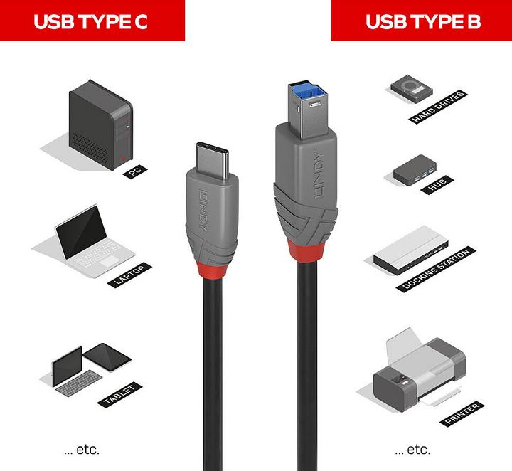 Actual product image Lindy USB 3.2 Type C to B Cable, Anthra Line (3 m, USB 3.2 Gen 1)