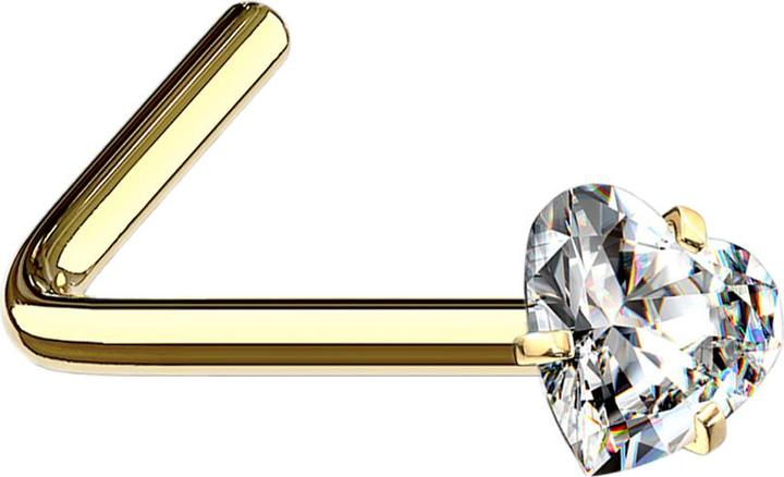 Star Piercing Nasenstecker gewinkelt vergoldet Kristallherz silber gefasst (Chirurgenstahl 316L)