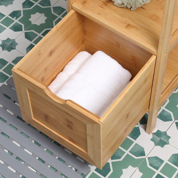 Produktbild Swisshandel24 Badezimmerschrank Bambus, 3 Regale, 2 Schubladen, Kippschutz (30 x 30 x 140 cm)