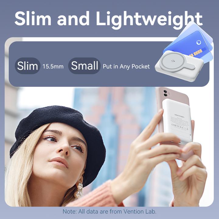 Actual product image Vention 5000mAh Magnetic Wireless Power Bank (USB-C + USB-C + Wireless) 20W Pink Light Indicator Display Typ (5000 mAh, 20 W, 18.50 Wh)