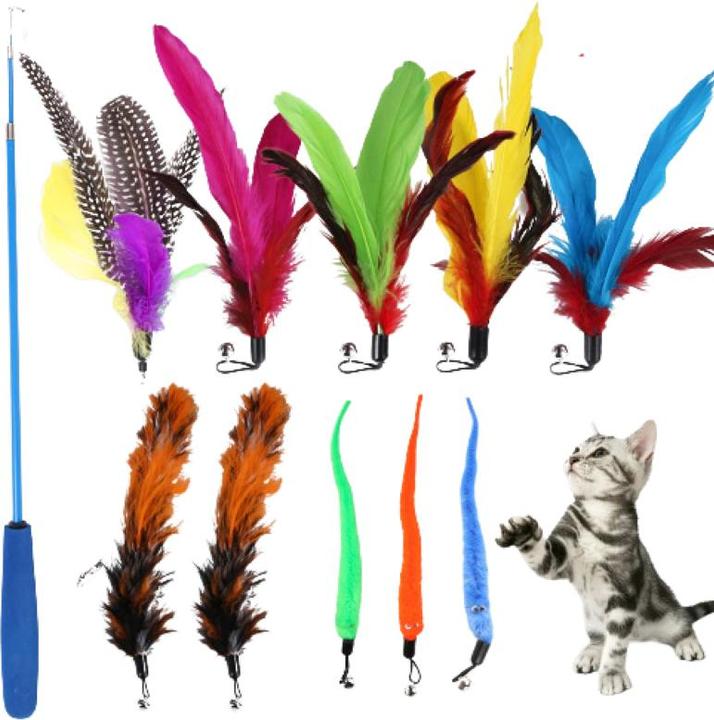 Produktbild Hermex Katzenangel mit Federanhänger Katzenspielzeug Plüschwedel Katzenstab (Katzenminzespielzeug)