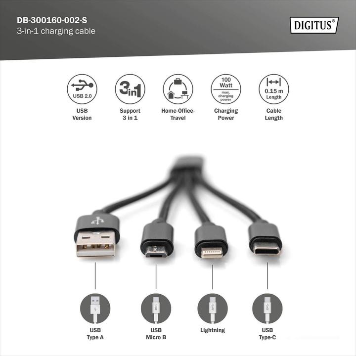 Actual product image Digitus 3-in-1 Charger Cable, USB A - Lightning + Micro USB + Type-C (0.15 m, USB 3.2 Gen 1)