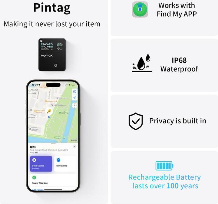 Immagine prodotto Momax PinCard Pro Mini Ricaricabile Find My Tracker