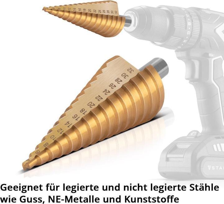 Immagine prodotto Stahlwerk Set di 3 punte per trapano a gradini in HSS con rivestimento TiN e scatola in alluminio (4-12 mm, 4-20 mm, Ø 4-32 mm)
