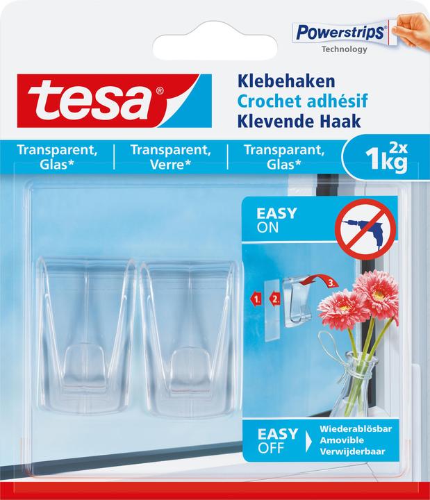Actual product image tesa Adhesive hooks for glass, 1kg holding capacity, can be removed without a trace & reused, 2 hooks