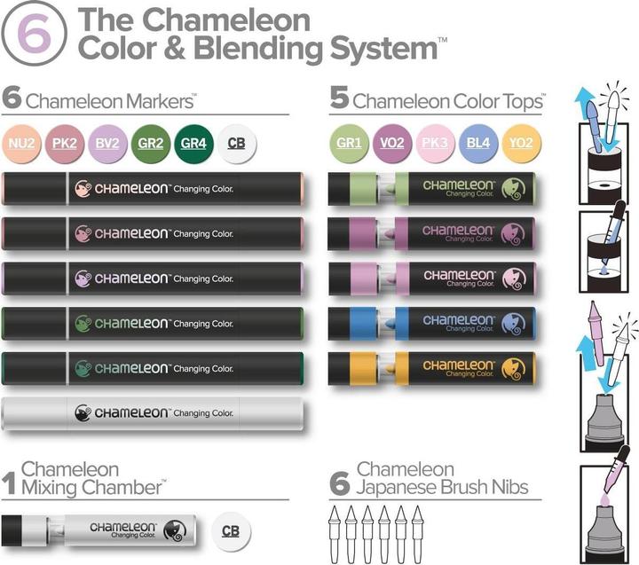 Image du produit Chameleon Ensemble de couleurs et de mélanges pour aquarelle (Rose, Gris, Vert foncé, Violet, Vert, Pêche, Jaune, Bleu clair, 6.60 x)