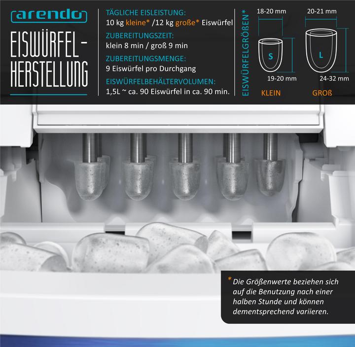 Produktbild Arendo Eiswürfelmaschine, 120W mit 1,5L Behälter, Eiswürfelbereiter, 9 Eiswürfel in 9 Minuten, Blau