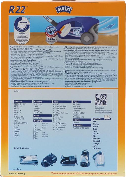 Produktbild Swirl Staubsaugerbeutel R22 (F89/Y103) MicroPor Plus für Rowenta, Alaska und Fakir Staubsauger