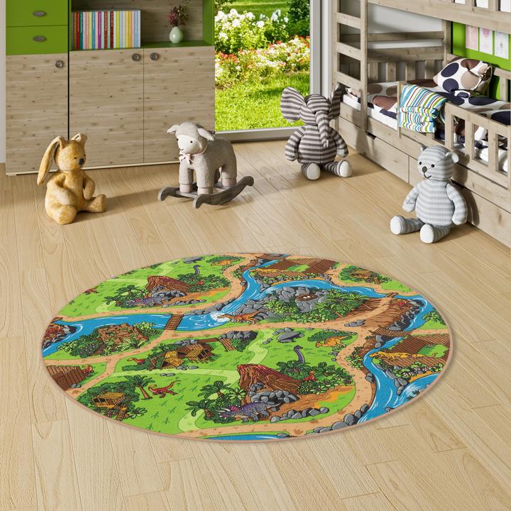 Produktbild Pergamon Kinder Spiel Strassen Teppich Dino Welt Rund (160 x 160 cm)