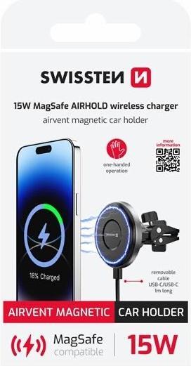 Immagine prodotto Swissten Magnetic Car Holder Airhold with Wireless Charger 15w / 7,5w (Magsafe Compatible)