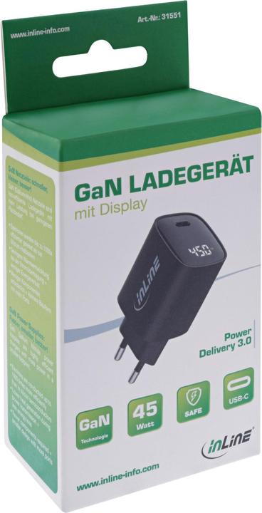 Actual product image InLine USB PD power supply, GaN charger, 1-port, USB-C, 45W, with display, black (45 W)