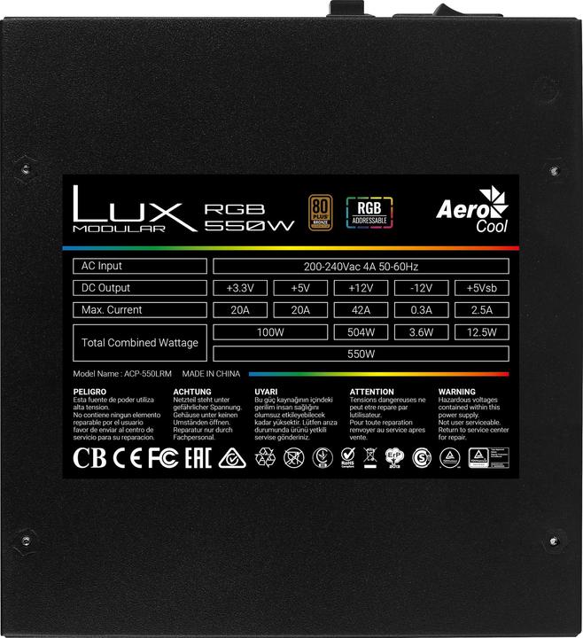 Immagine prodotto AeroCool Alimentatore Lux RGB 550M 550 W Nero (550 W)