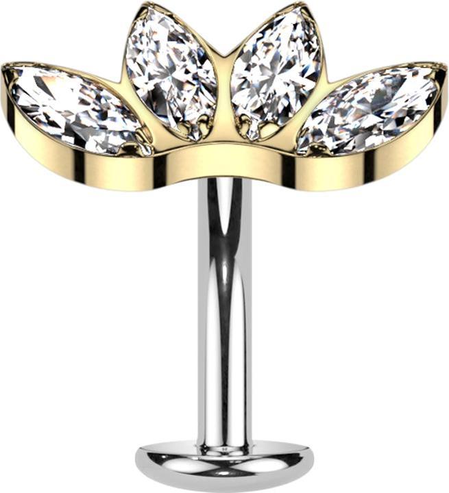 Produktbild Star Piercing Threadless Labret-Stab Banane silber Fächer vergoldet mit vier Kristallen silber (Titan G23)
