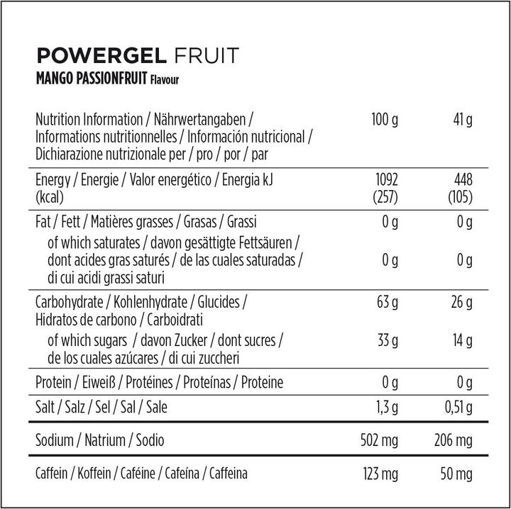 Nährwerte und Zutaten Powerbar PowerGel Multiflavour Box (Grüner Apfel, Mango, Limette, Zitrone, Granatapfel, Maracuja, Himbeer, Koffein, 12 Stk., 492 g)
