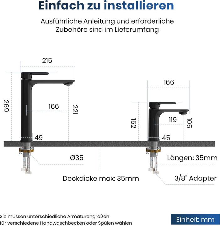 Produktbild Emke Wasserhahn Bad, Messing Schwarz matt, Mischbatterie Waschbecken, Küchenarmatur mit Perlator, Keramik