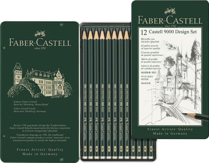 Actual product image Faber-Castell Castell 9000 Design pencil, 12-piece metal set (119064 FC) (0.70 mm, 5B, 5H, 12 x)