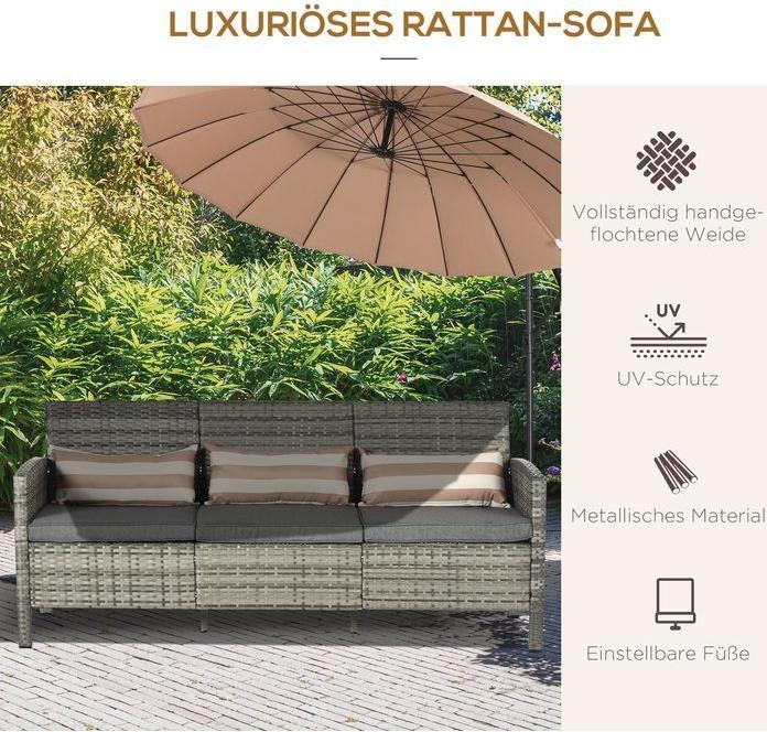 Image du produit Swisshandel24 Rattan Sofa mit Kissen, Dreisitzer, Garten Loungesofa, Stahl, Grau, 173 x 68 x 78 cm