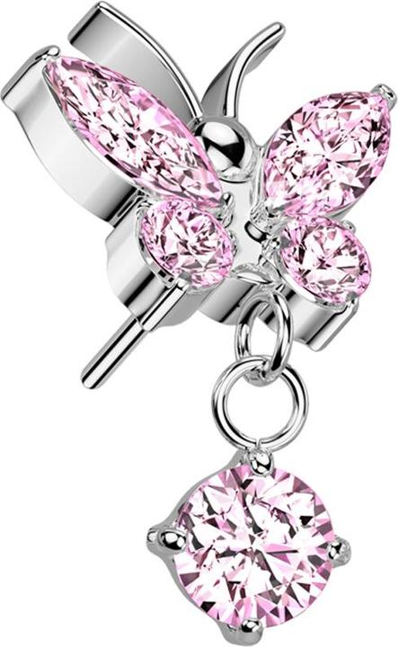 Star Piercing Threadless Schmetterling silber Kristalle pink Anhänger Kristall pink (Titan G23, ohne Messing)
