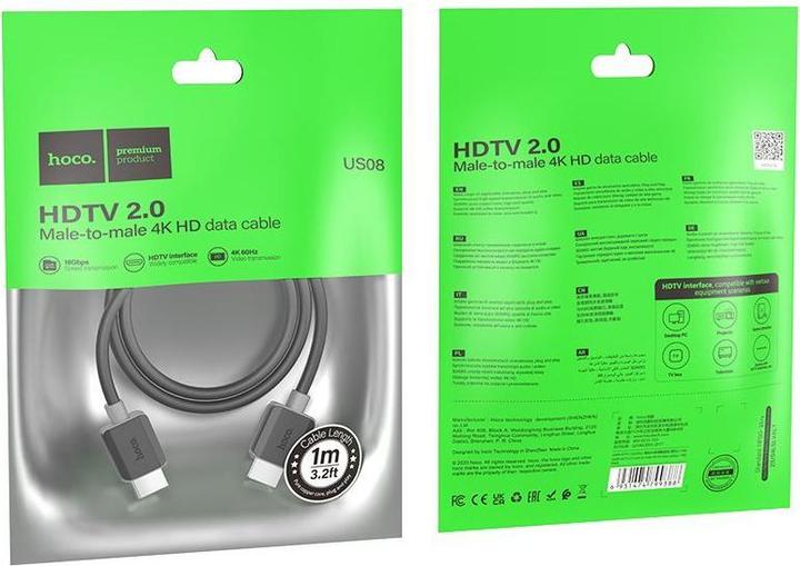 Produktbild Hoco Cable US08 HDTV 2.0 male-to-male 4K HD data cable(L=1M) Black (1 m, HDMI)