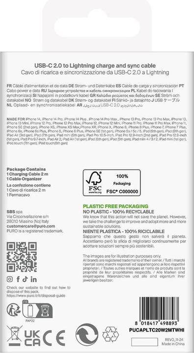 Produktbild Puro TPE 20W USB-C - Lightning Kabel 2m - Weiss (2 m, 20 W)