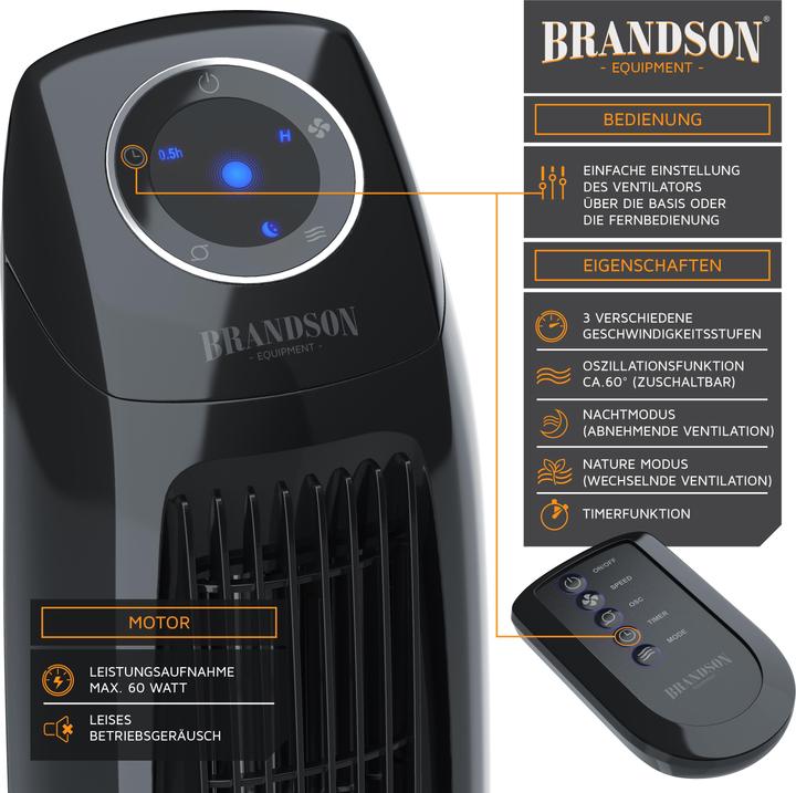 Produktbild Brandson Turmventilator, Fernbedienung, Oszillation, Timer, Säulenventilator 86 cm, Ventilator, 60W, schwarz (47 dB)