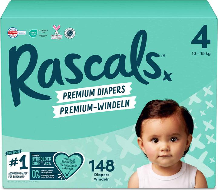 Rascals Couches premium (Taille 4, Pack mensuel, 148 pièce(s))