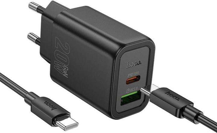 Actual product image Hoco Adapter wall charger USB A + Type C + cable Type C to Lightning PD QC3.0 3A 20W N61 black (5 W)