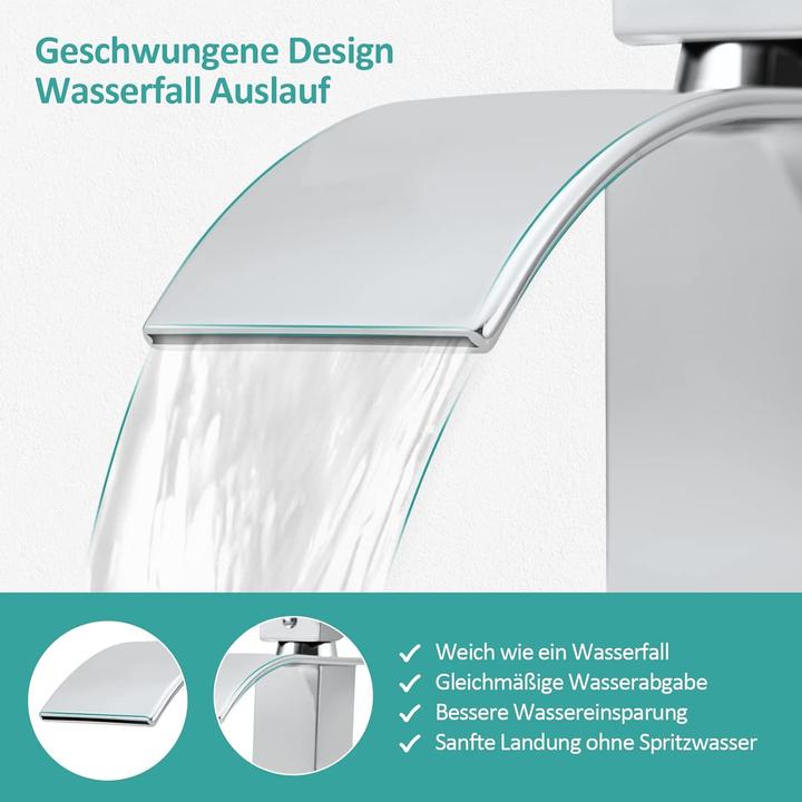 Produktbild Emke Waschtischarmatur Wasserfall, Wasserhahn Bad, Mischbatterie Waschbecken Wassersparend, Chrom