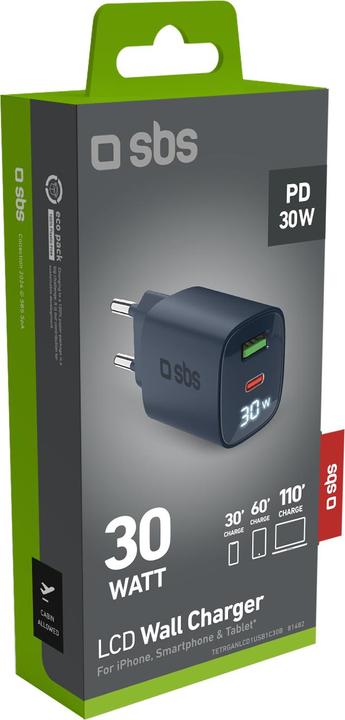 Image du produit SBS Chargeur mural avec écran LCD, 1 sortie USB-C PD 30W, 1 sortie USB-A 18W (30 W)