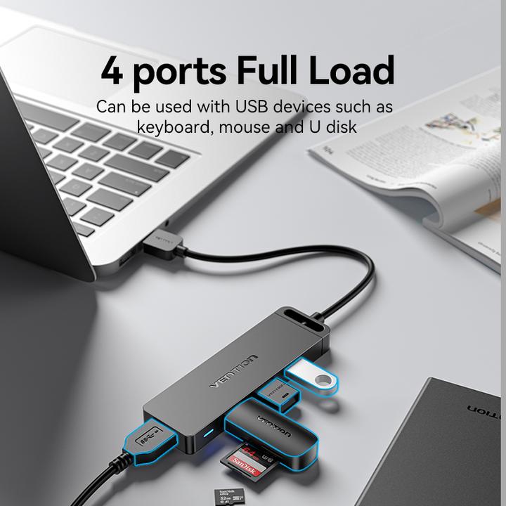 Actual product image Vention USB 3.0 4-Port Hub with Power Adapter CHLBF 1m, Black (USB-C, 4 Ports)