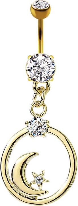 Produktbild Star Piercing Banane vergoldet mit zwei Kugeln Kristall silber Anhänger Kreis Mond und Stern (Chirurgenstahl 316L, Messing)