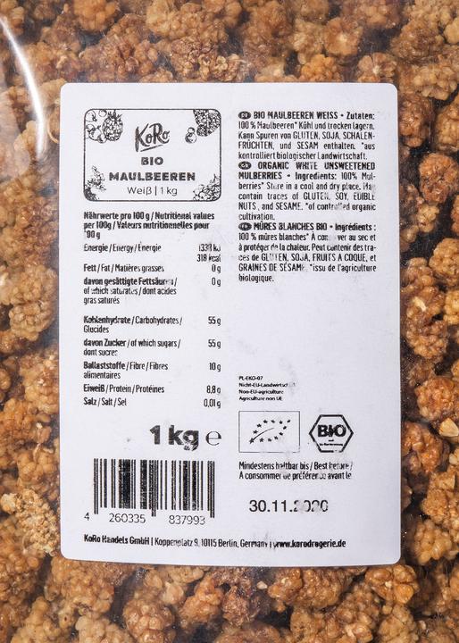 Nährwerte und Zutaten KoRo Bio Maulbeeren Weiss (1000g) (1000 g)