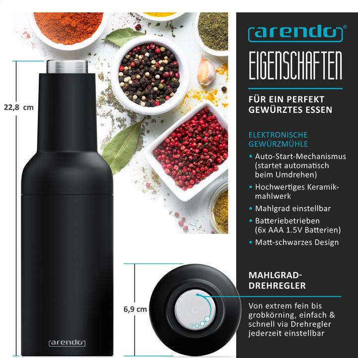 Produktbild Arendo Salz und Pfeffermühle elektrisch, Salzmühle & Pfeffermühle 2er Set, einhändig, Batteriebetrieben (Salz, Pfeffer)