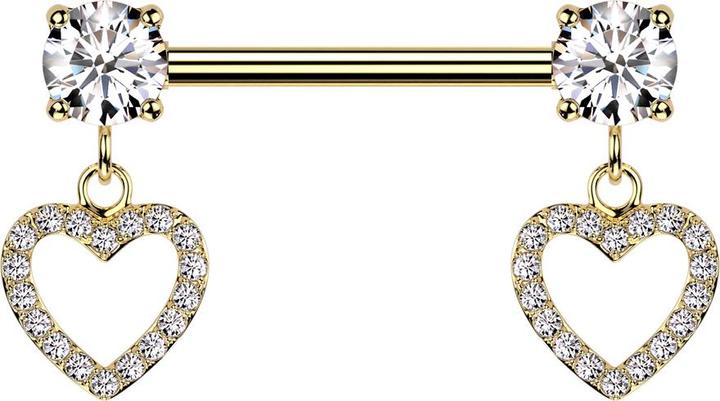 Produktbild Star Piercing Barbell vergoldet mit zwei Kristall silber gefasst Anhänger Herz Kristalle silber (Messing, Chirurgenstahl 316L)