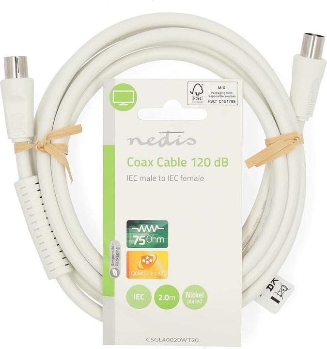 Actual product image Nedis Coaxial cable | IEC (coax) male | IEC (coax) female | Nickel-plated | 120 dB | 75 Ohm | 4-way (120 dB, Antenna cable)