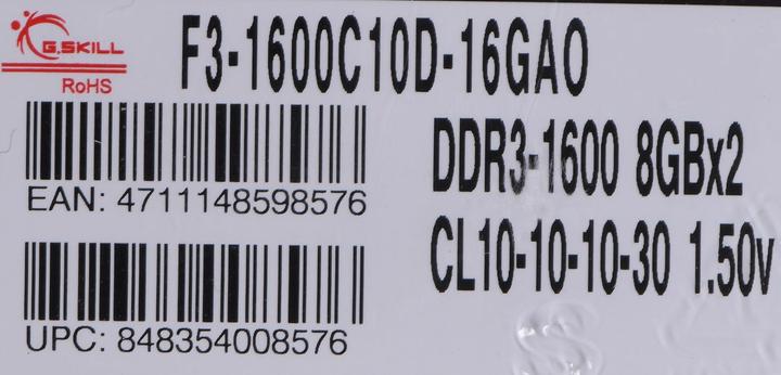 Actual product image G.Skill 16GB PC3-12800 Kit memory module 2 x 8 GB DDR3 1600 MHz (2 x 8GB, 1600 MHz, DDR3-RAM, DIMM)