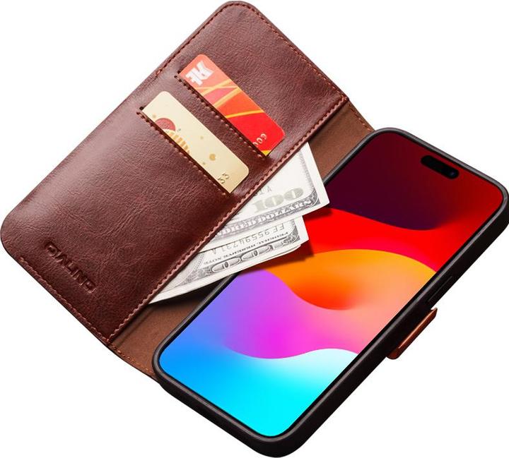 Image du produit QiAlino Fourre Samsung Flip cuir véritable avec fermeture magnétique foncé (Apple iPhone 15 Pro)
