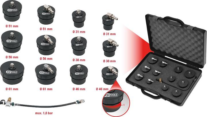 Actual product image KS Tools Turbo system pressure tester kit with bayonet adaptor, 13 pcs