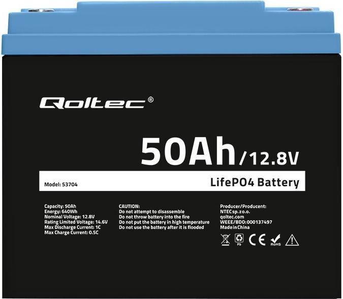 Produktbild Qoltec 53704 LiFePO4 Lithium-Eisenphosphat-Batterie | 12 8V | 50Ah | 640Wh | BMS (12.80 V, 50 Ah)