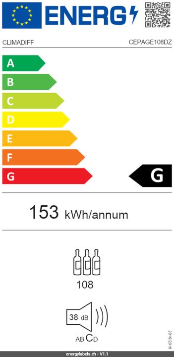 Energy Label Climadiff Weinkühlschrank CEPAGE108DZ Freistehend, 2 Zonen, 108