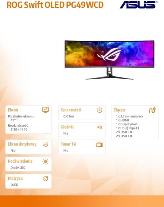 Actual product image ASUS ROG Swift PG49WCD (5120 x 1440 pixels, 49")