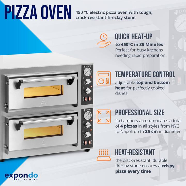 Image du produit Royal Catering Four à pizza électrique - 4+4 x 25 cm - 2 cavités - 8 400 W - 400 V- Chamotte - (Four à pizza électrique)