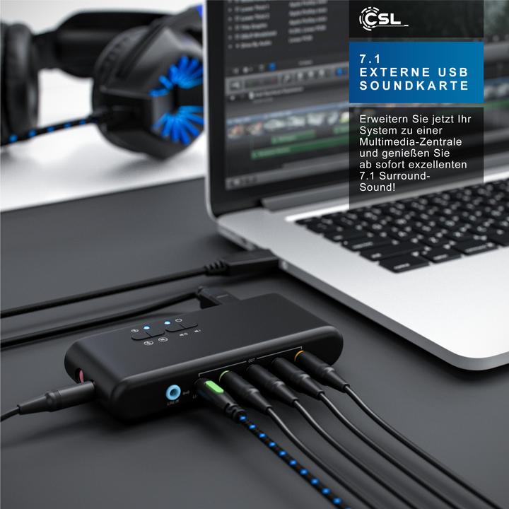Produktbild CSL USB Soundkarte 7.1 Surround, Extern, für bis zu 8 Lautsprecher, Dynamic 3D Surround, Treiber (USB 2.0)