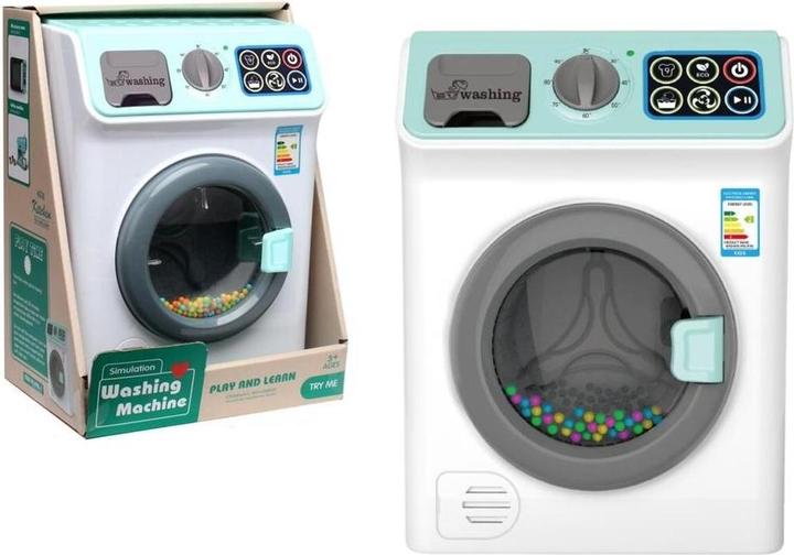 Produktbild Lean Toys Waschmaschine mit Batteriegeräuschen beim Öffnen der Trommel mit farbigen Kugeln